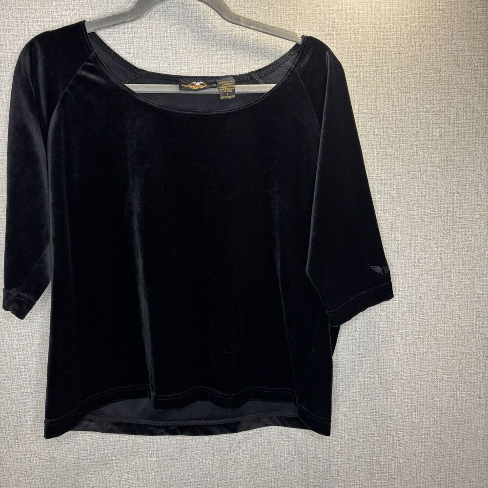 Vintage Harley Davidson Women's Large Black Velvet 3/4 Sleeve Top 90s Biker Goth